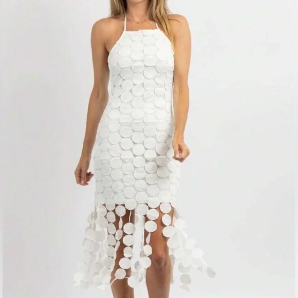 NWT Mainstrip Halter Circle Fringe Crochet White Midi Dress. Size Large - Picture 3 of 12